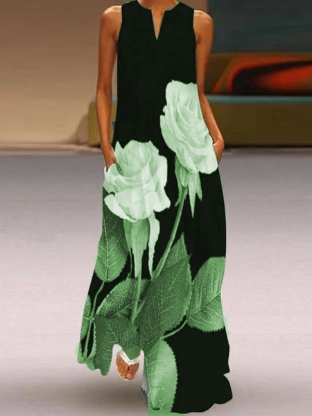 

Floreale senza maniche Gonna Casuale, Verde, Dresses
