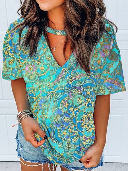 

Short Sleeve Printed V Neck Shirts & Tops, Blue, Printed T-shirts