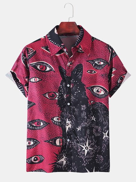 

Mens Funny Eyes Cat Abstract Cartoon Short Sleeve Shirts, Purple pink, Short Sleeves Shirts