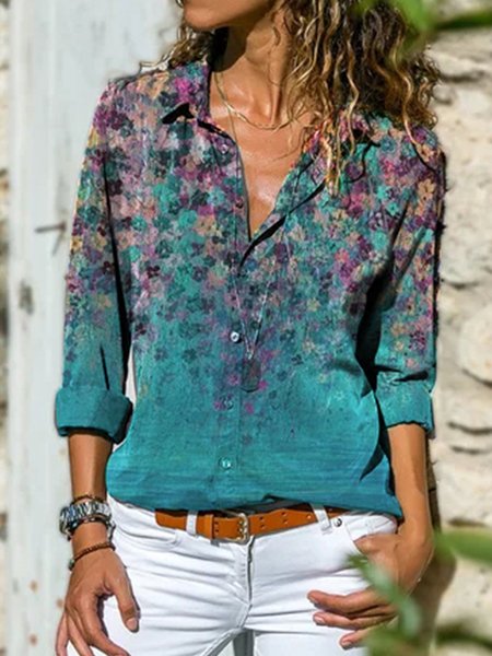 

Maniche Lunghe Stampato Floreale Misto Cotone Floreale Camicie & Top, Blu, Blouses & Shirts