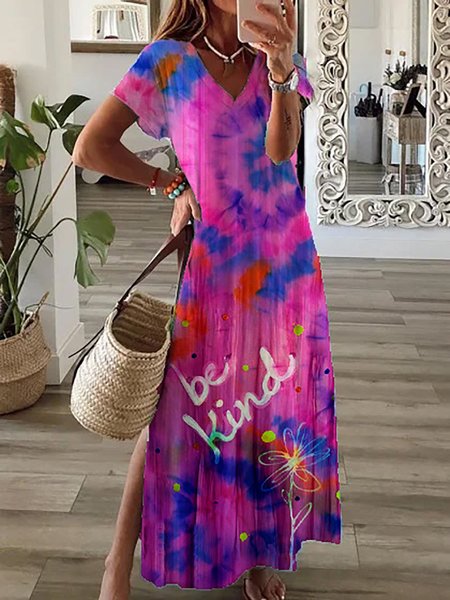 

Holiday Tie-Dye Be Kind Printed Short Sleeve V-Neck Maxi Knitting Dress, As picture, Dresses