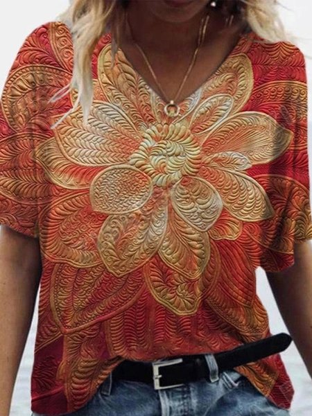 

V Neck Cotton-Blend Floral Short Sleeve T-shirt, Orange, Tops