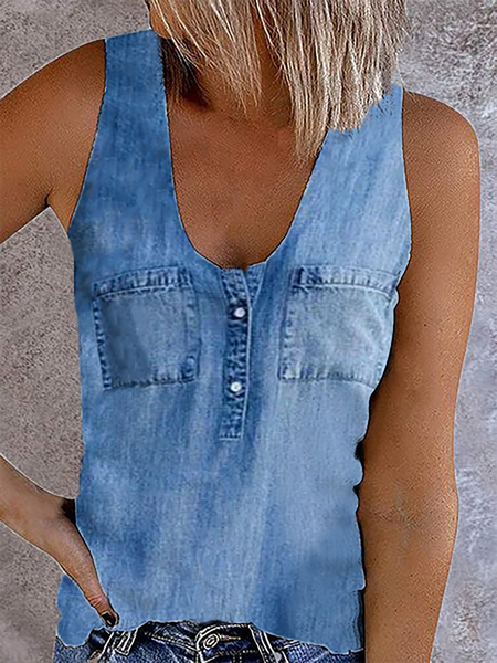 

Plus size Casual Solid Sleeveless Shirts & Tops, Blue, Tank Top
