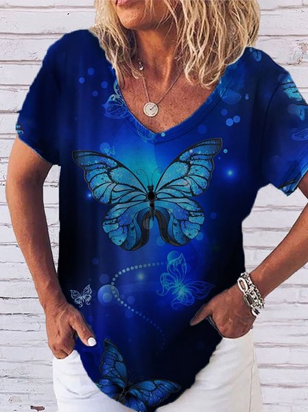 

Maglietta Casuale Farfalla Stampato Maniche Corte Scollo a V, Blu intenso, Tops