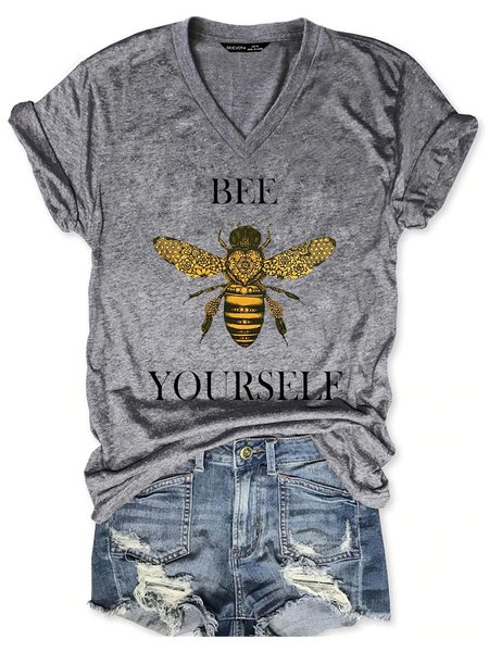 

Bee Yourself T-Shirt Graphic V-neck Tee Positive Saying Top, Gray, T-shirts
