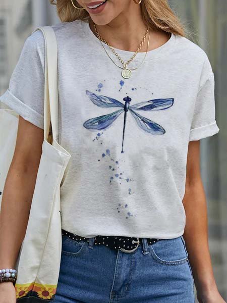 

Casuale Stampato Misto Cotone Girocollo Top, Bianco, Tops