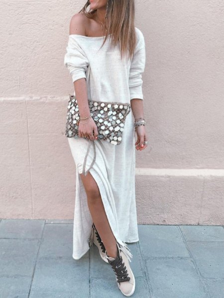 

Misto Cotone Maniche Lunghe Abito, Bianco, Maxi Dresses