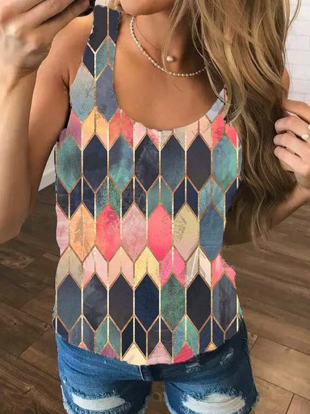 

Misto Cotone senza maniche Stampato Top, Grigio, Blouses & Shirts