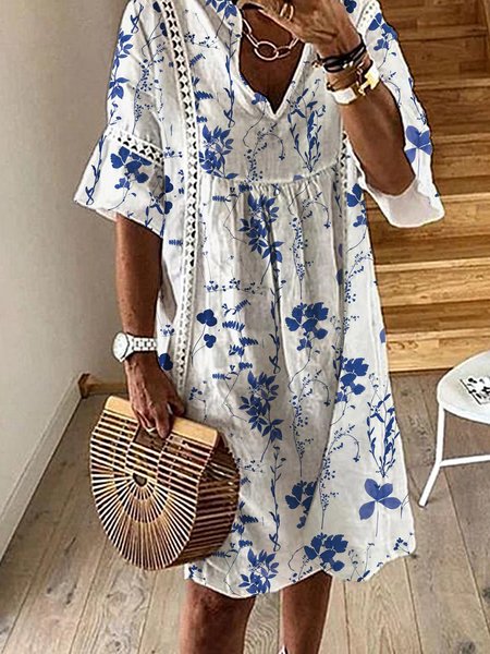 

2021 Estate Sciolto Stampare Pizzo Floreale Scollo a V Vacanza Abito, Bianco, Midi Dresses