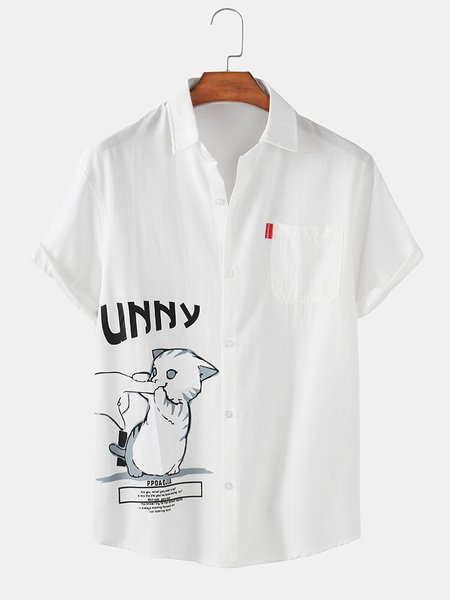

Mens Funny Cartoon Cat Print Casual Light Short Sleeve Shirts, White, Short Sleeves Shirts