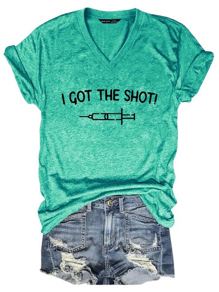 

I Got The Shot Short Sleeve Letter V Neck Women Tee, Grass green, T-shirts