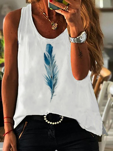 

Piuma Stampato Casuale Bohemian Top, Bianco, Tops