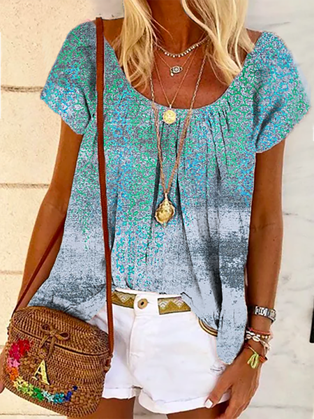

Plus size Printed Boho Short Sleeve Tops, Blue, Tops