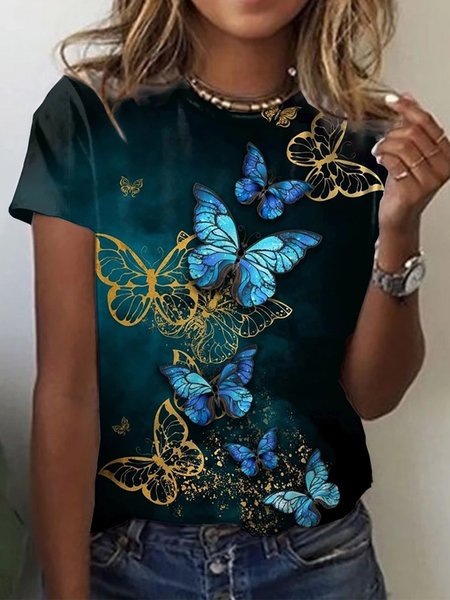 Casuale Farfalla Girocollo T-shirt, Verde scuro, Blouses & Shirts