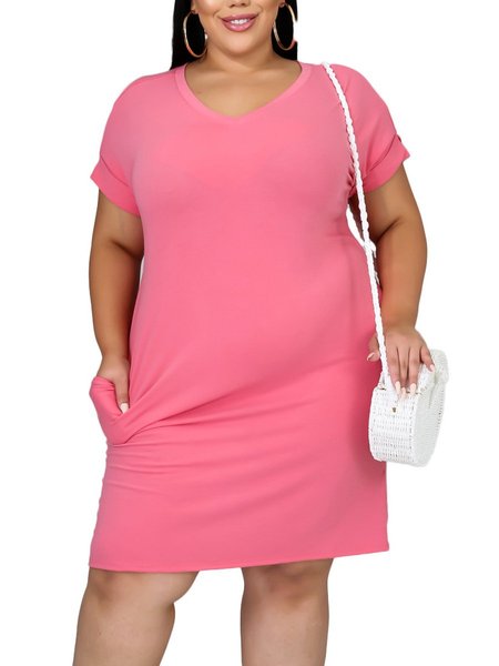 

Cotton V Neck Solid Casual Weaving Dress, Rose red, Casual Dresses
