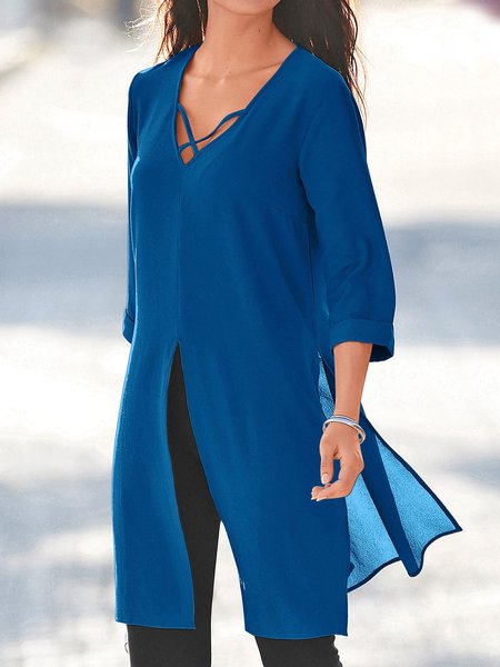 

V Neck 3/4 Sleeve Shift Plain Blouse, Blue, T-Shirts