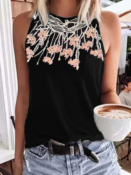 

Crew Neck Sleeveless Floral Shirts & Tops, Black, Tank Top