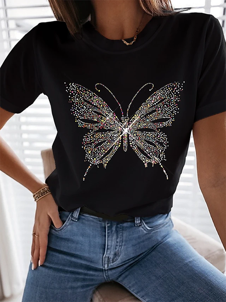 

Casuale Misto Cotone Stampato Girocollo Top, Nero, Blouses & Shirts