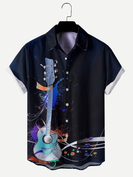 

Short Sleeve Casual Music Shirt for Men, Black, Men's Floral shirt