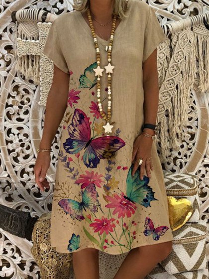 

Short Sleeve Casual V Neck Weaving Dress, Khaki, Dresses