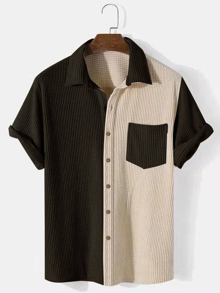 

Uomo Nuovo Stile Cucitura Colore Maniche Corte Casuale Sciolto Camicia, Nero, Men