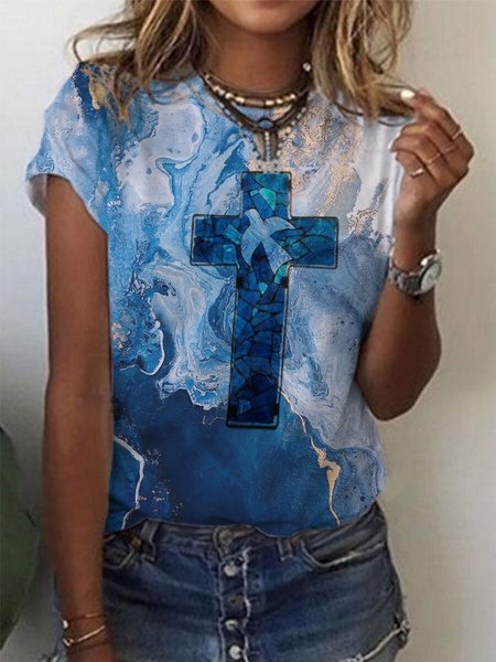 

Cotton-Blend Casual Ombre/tie-Dye Short Sleeve T-shirt, Blue, T-Shirts