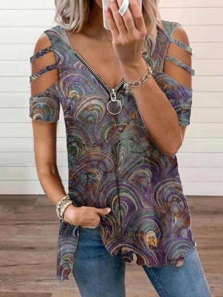 

Casuale A-line Misto Cotone Maniche Corte Camicie & Top, Viola, Tops