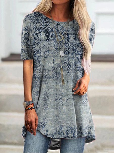 Round Neck Casual T-shirt, Blue, T-Shirts