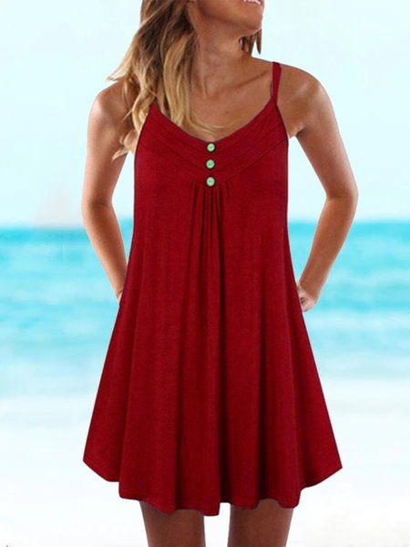 

Solid Spaghetti-Strap Casual Cotton-Blend Knitting Dress, Wine red, Basic Dresses
