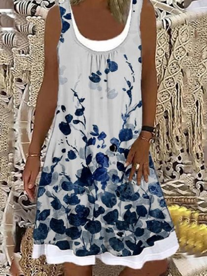 

Crew Neck Floral Sleeveless Knitting Dress, Blue, Midi Dresses
