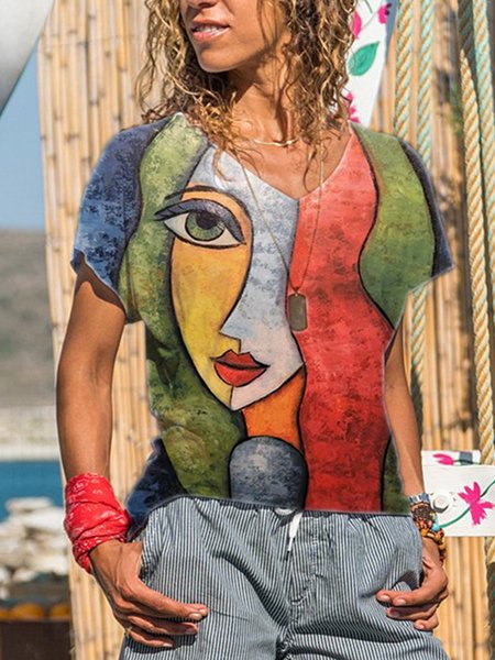 

Vintage Geometrico Astratto Stampato taglia grande Maniche Corte Scollo a V Casuale Top, Rosso, Tops
