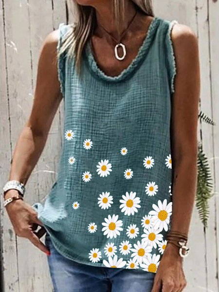 

Green Floral Printed Casual Sleeveless Crew Neck Shift Shirts & Tops, Tops