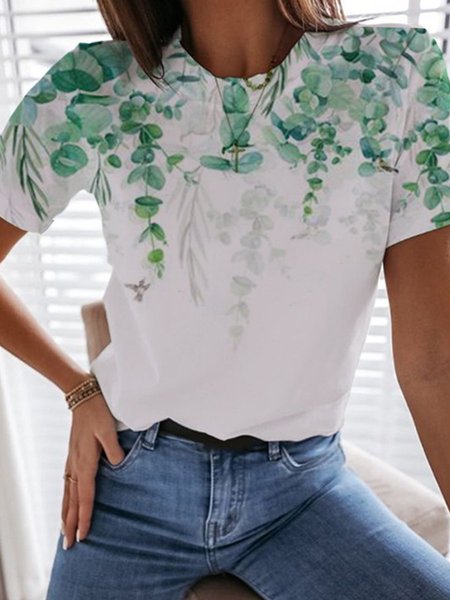 

Floreale Maniche Corte Stampato Misto Cotone Girocollo Casuale Estate Bianco Superiore, Blouses & Shirts