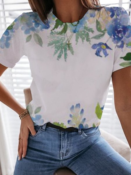 

Floreale Maniche Corte Stampato Misto Cotone Girocollo Casuale Estate Bianco Superiore, Blouses & Shirts