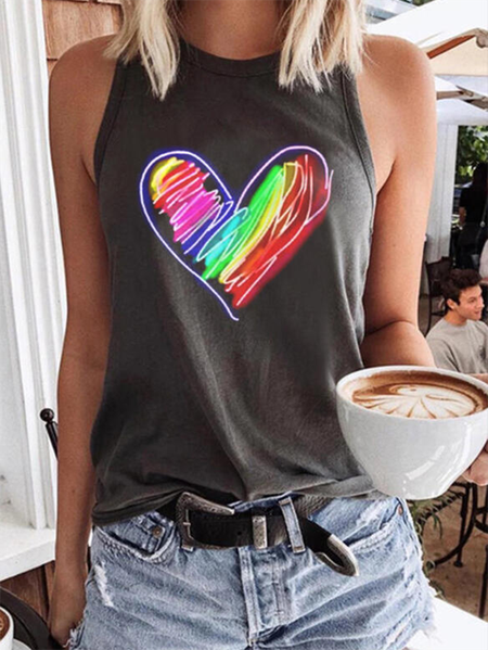 

Stampato senza maniche Girocollo Casuale Top, Grigio scuro, Tops