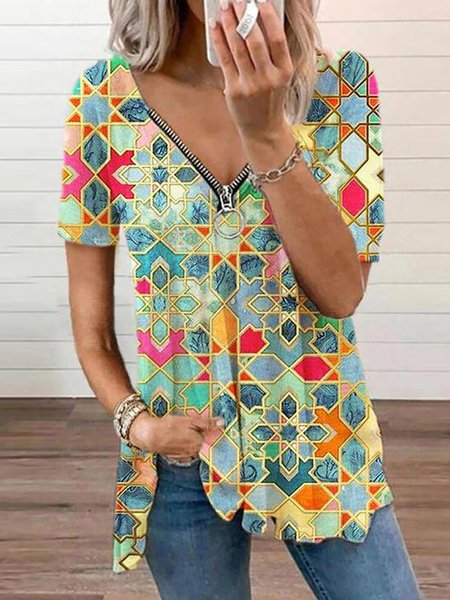 

Holiday V-Neck Zip Fly Short Sleeve Geometric Tunic Tops, As picture, T-Shirts