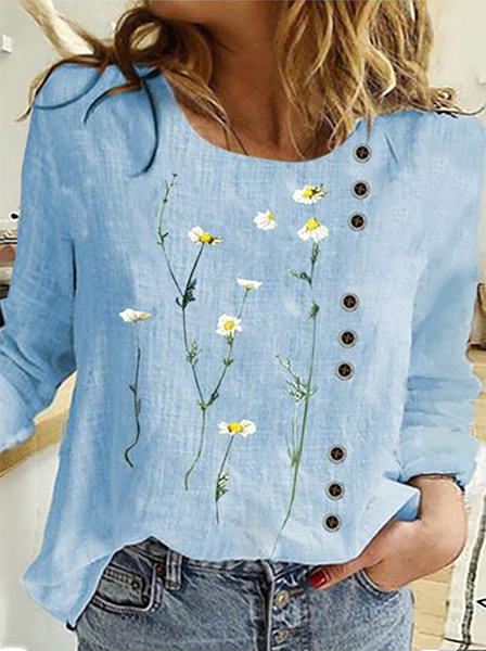 

Plus size Casual Floral Long Sleeve Tops, Blue, Printed T-shirts