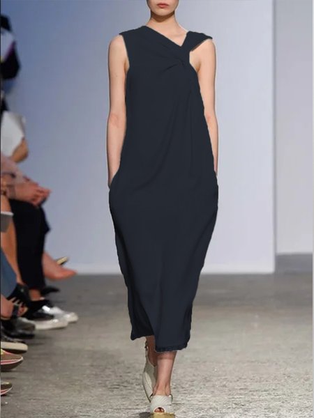 

senza maniche Solido Tasche Dritto Abito, Nero, Dresses