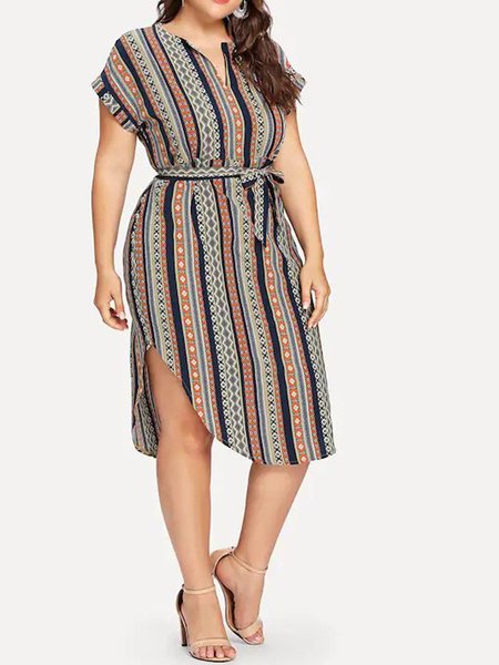 

Short Sleeve V Neck Stripes Knitting Dress, Flower, Casual Dresses