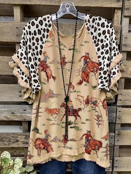 

Vintage Leopard Geometric Printed Tassel Plus Size Short Sleeve V Neck Casual Tops, Khaki, Blouses & Shirts