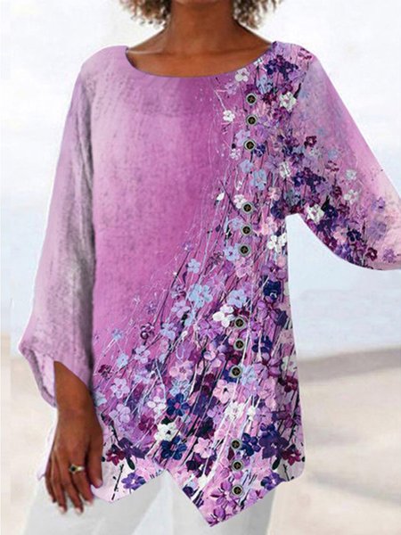 

Floral Casual Long Sleeve Tops, Purple, Long sleeve tops
