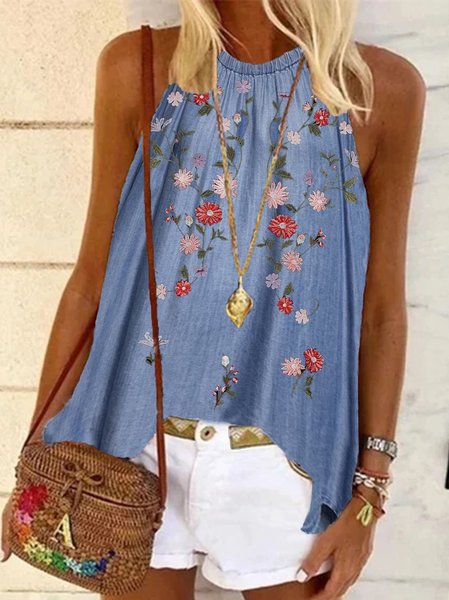 

Halter Cotton-Blend Sleeveless Shirts & Tops, Blue, Tops