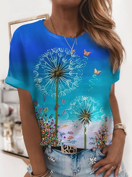 

Casual Dandelion Butterfly Printed Short Sleeve T-shirt, Blue, T-Shirts