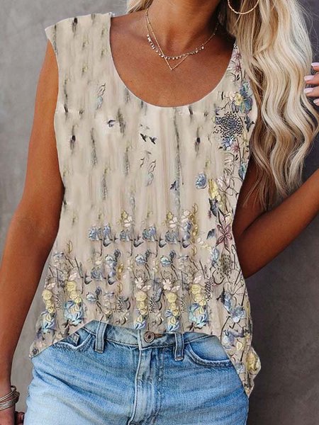 

Girocollo Stampato Floreale senza maniche Top, Cachi, Tops
