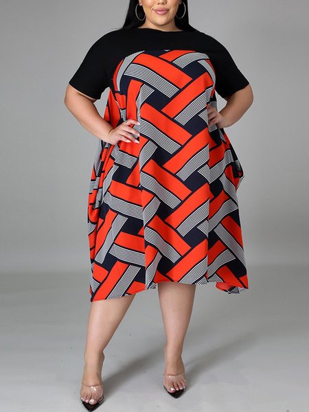 

Color-Block Geometric Half Sleeve Weaving Dress, Red, Casual Dresses