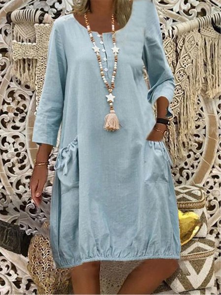 

Vintage Bohemian Vacanza 3/4 Manica Tinta unita Dritto Abito, Blu, Midi Dresses