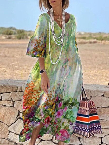 

Women's Crew Neck Floral Print Boho Midi Dresses, Green, Maxi Dresses