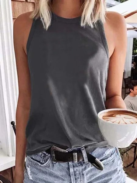 

Crew Neck Solid Cotton-Blend Sleeveless Tank & Cami Top, Gray, Tank Tops & Camis