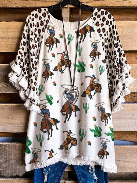 

Vintage Leopard Geometric Printed Tassel Plus Size Short Sleeve Crew Neck Casual Tops, White, Blouses & Shirts
