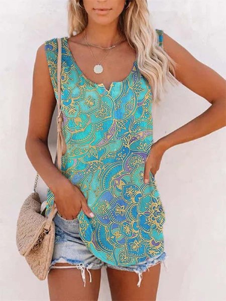 

Casuale Stampato senza maniche Top Misto Cotone, Blu, Tops